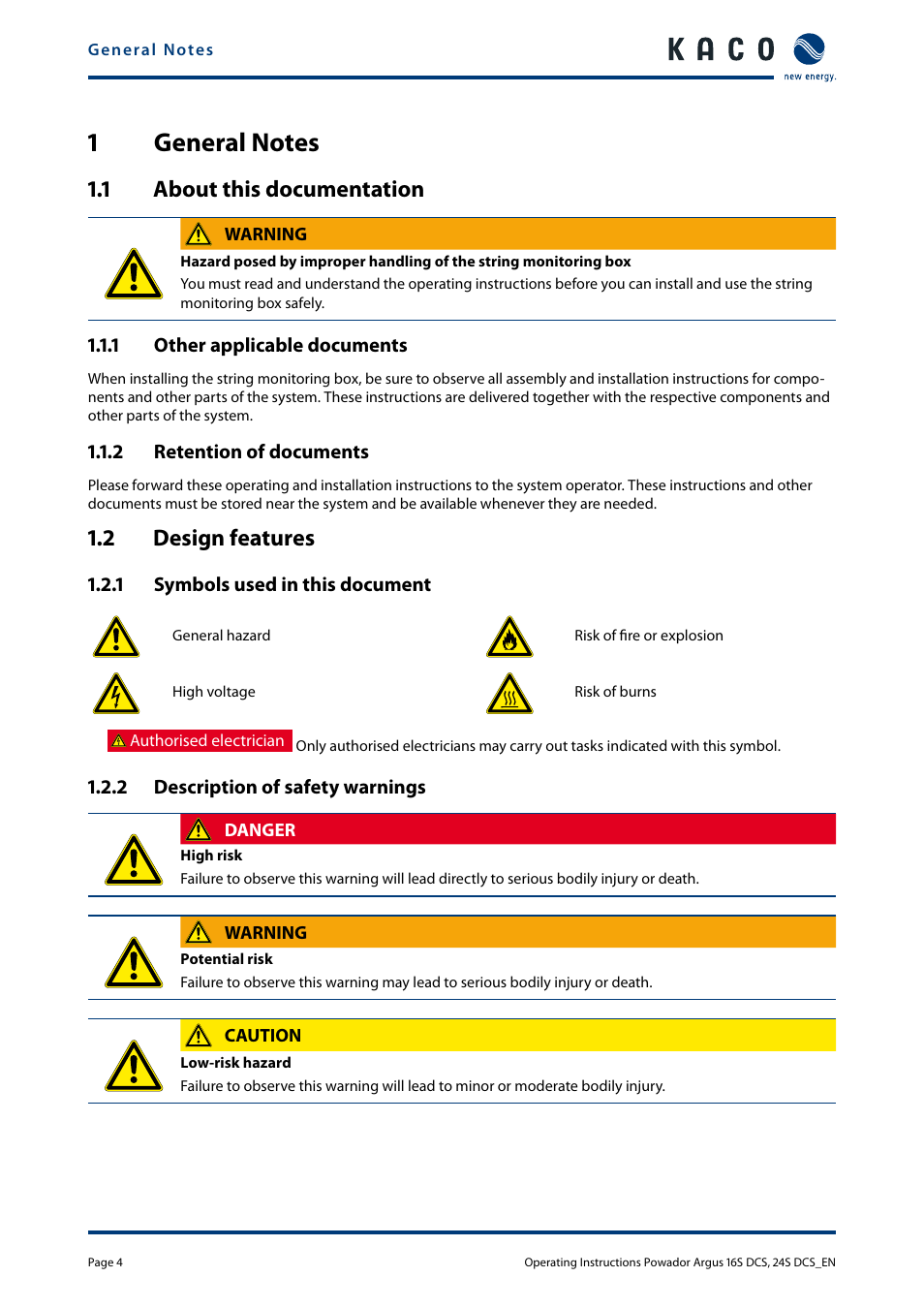1 general notes, 1 about this documentation, 2 design features | General notes, About this documentation, Design features | KACO Powador Argus 16S DCS User Manual | Page 4 / 32