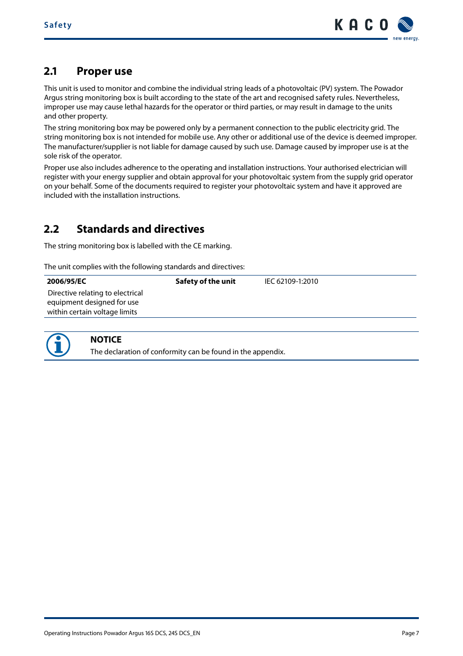 1 proper use, 2 standards and directives, Proper use | Standards and directives | KACO Powador Argus 16S DCS User Manual | Page 7 / 32