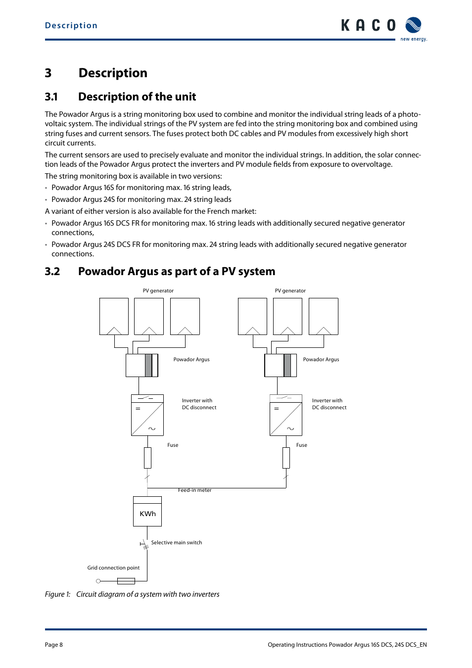 3 description, 1 description of the unit, 2 powador argus as part of a pv system | 3 description 3.1, Description of the unit, Powador argus as part of a pv system, 3description | KACO Powador Argus 16S DCS User Manual | Page 8 / 32