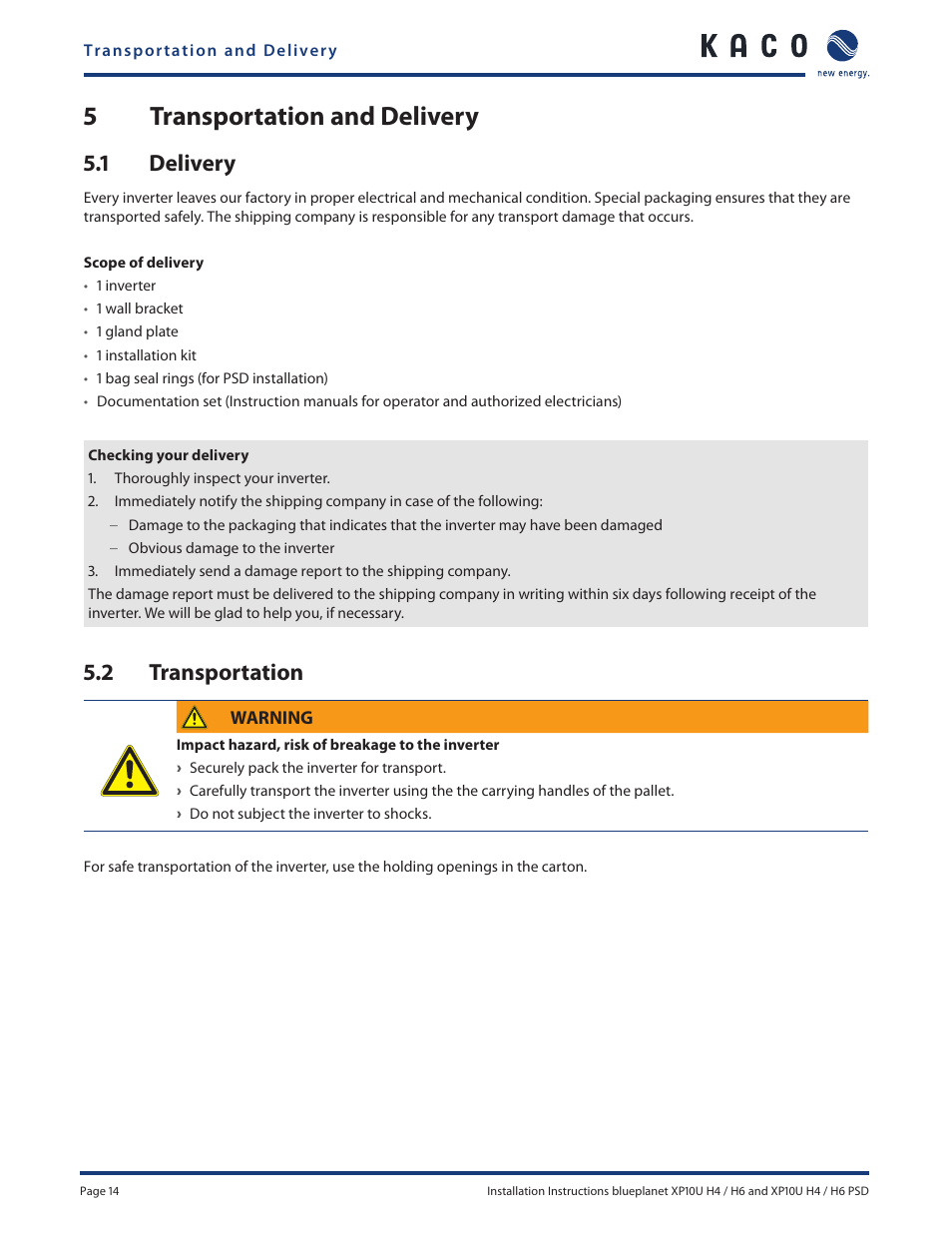 5transportation and delivery, 1 delivery, 2 transportation | KACO XP10U-H4 User Manual | Page 14 / 56