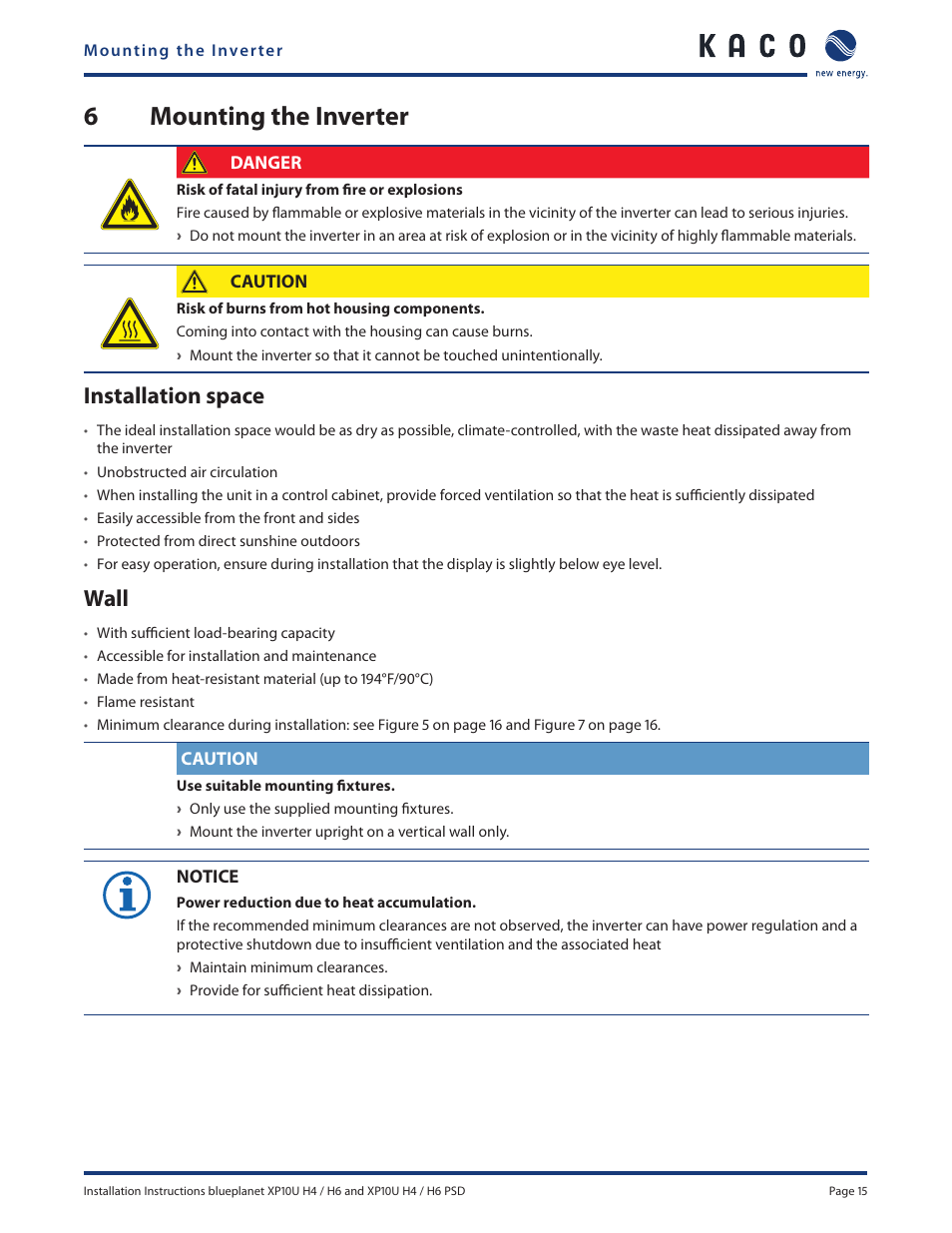 6mounting the inverter, Installation space, Wall | KACO XP10U-H4 User Manual | Page 15 / 56