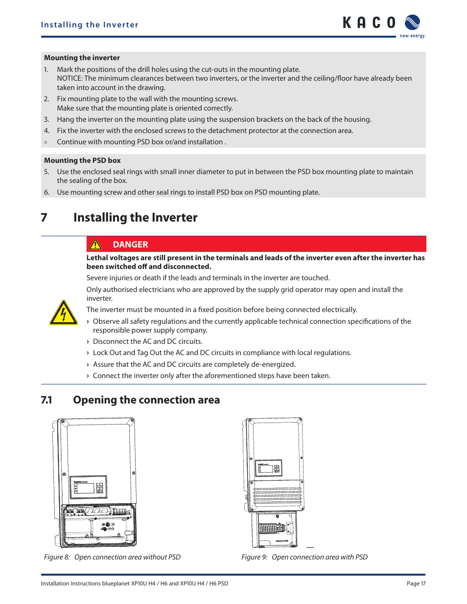 7installing the inverter, 1 opening the connection area | KACO XP10U-H4 User Manual | Page 17 / 56