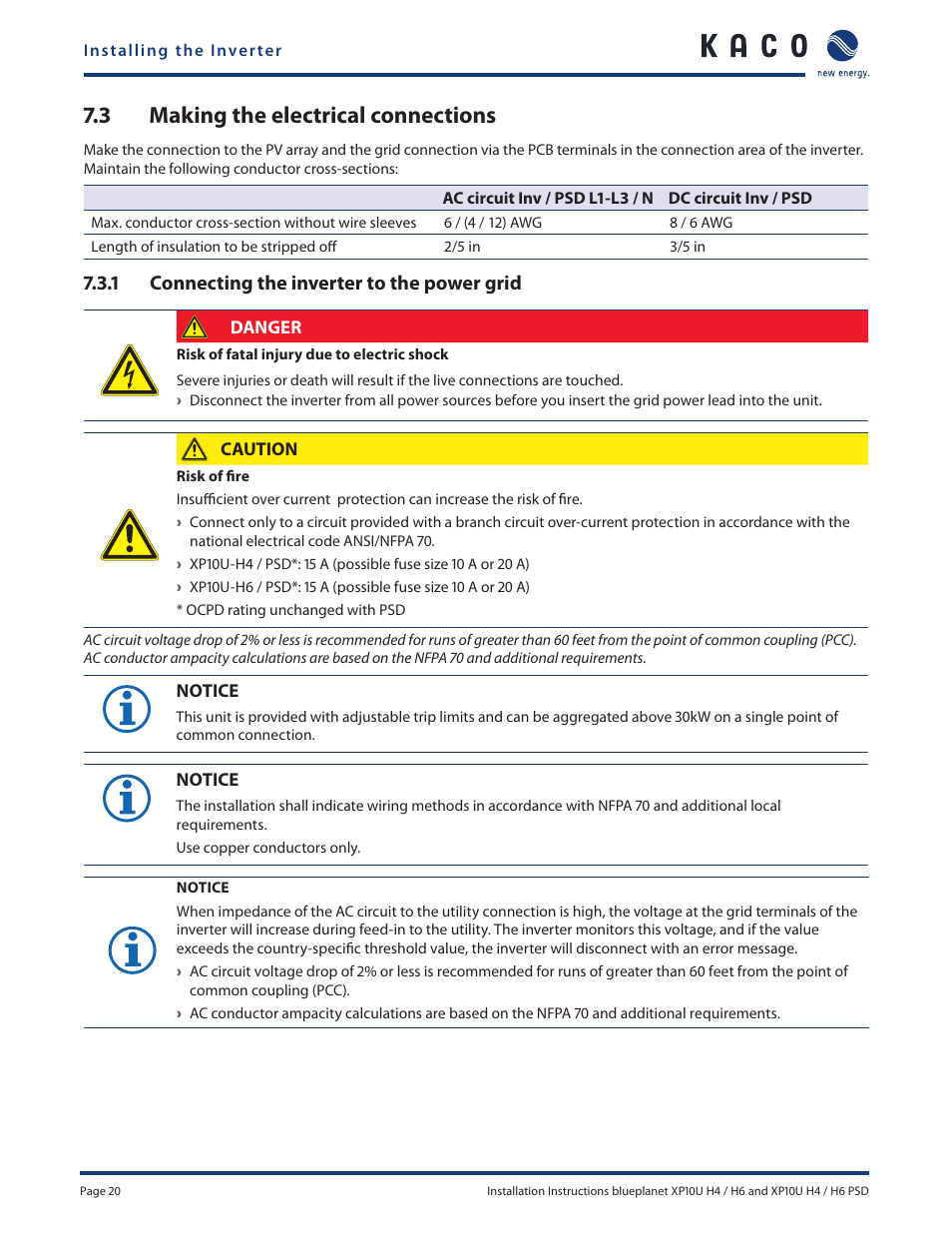 3 making the electrical connections, 1 connecting the inverter to the power grid | KACO XP10U-H4 User Manual | Page 20 / 56