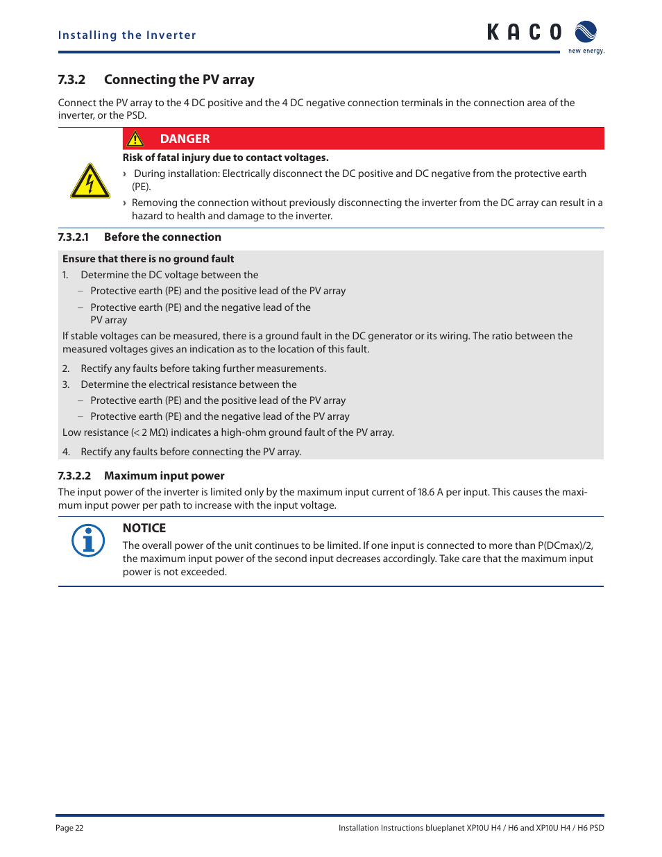 2 connecting the pv array | KACO XP10U-H4 User Manual | Page 22 / 56