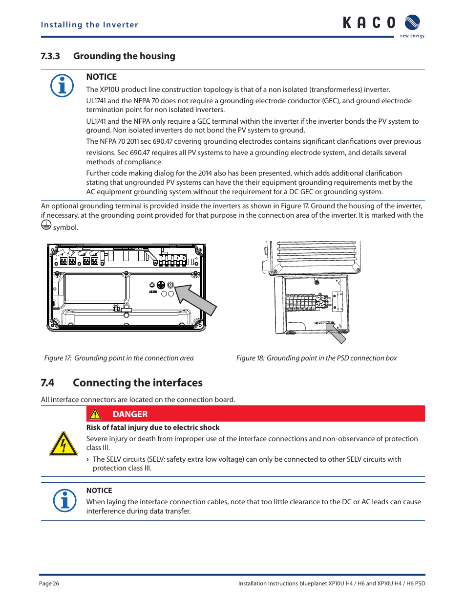 4 connecting the interfaces, 3 grounding the housing | KACO XP10U-H4 User Manual | Page 26 / 56