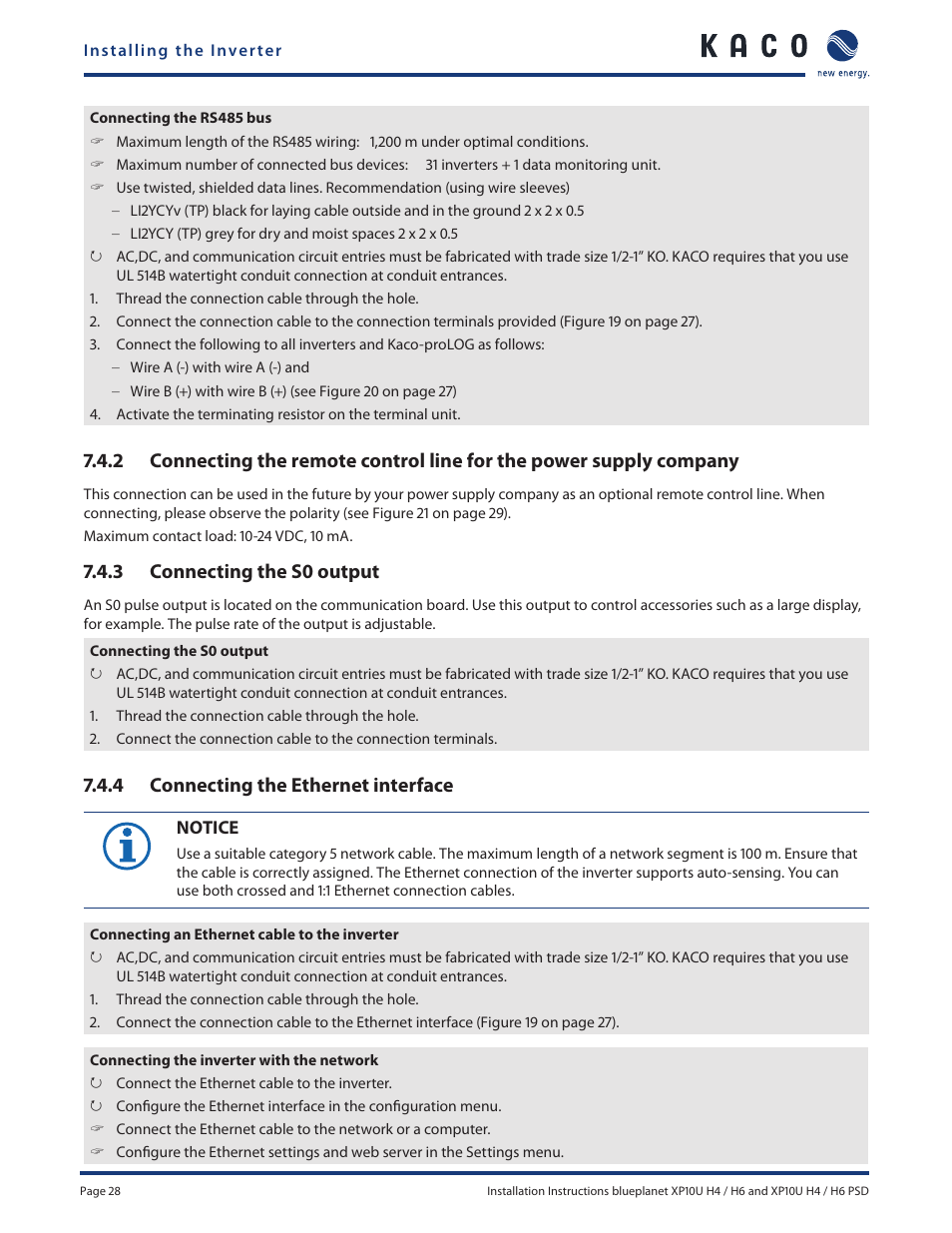 3 connecting the s0 output, 4 connecting the ethernet interface | KACO XP10U-H4 User Manual | Page 28 / 56