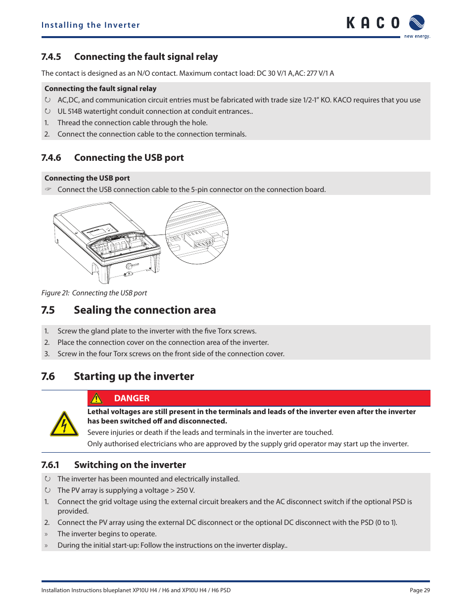 5 sealing the connection area, 6 starting up the inverter, 5 connecting the fault signal relay | 6 connecting the usb port, 1 switching on the inverter | KACO XP10U-H4 User Manual | Page 29 / 56