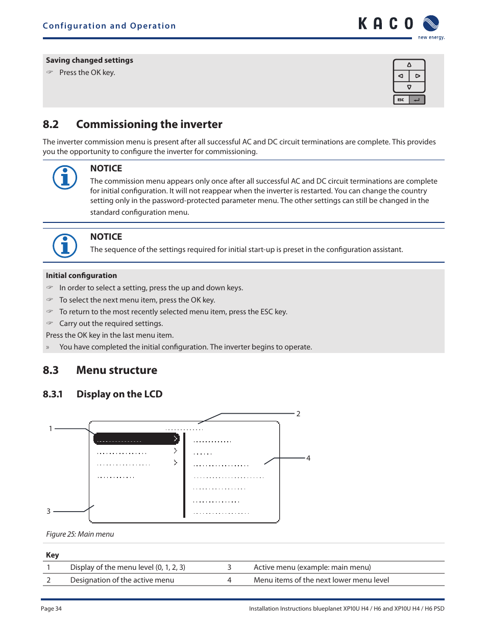 2 commissioning the inverter, 3 menu structure, 1 display on the lcd | KACO XP10U-H4 User Manual | Page 34 / 56