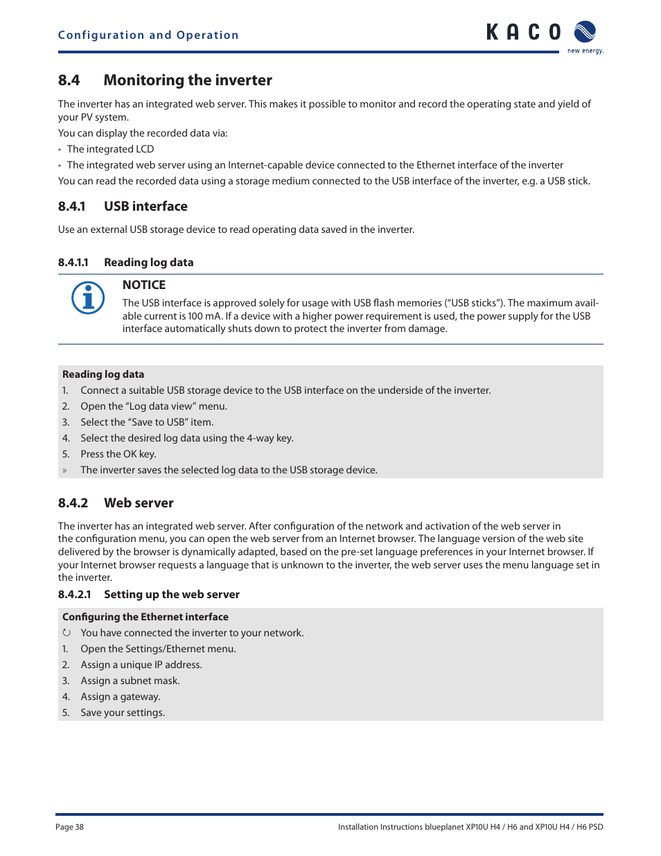 4 monitoring the inverter, 1 usb interface, 2 web server | KACO XP10U-H4 User Manual | Page 38 / 56