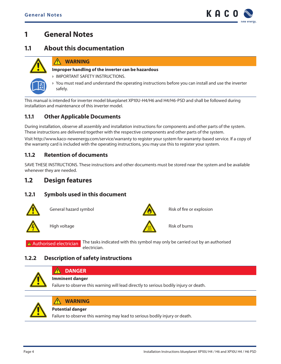 1 about this documentation, 2 design features | KACO XP10U-H4 User Manual | Page 4 / 56