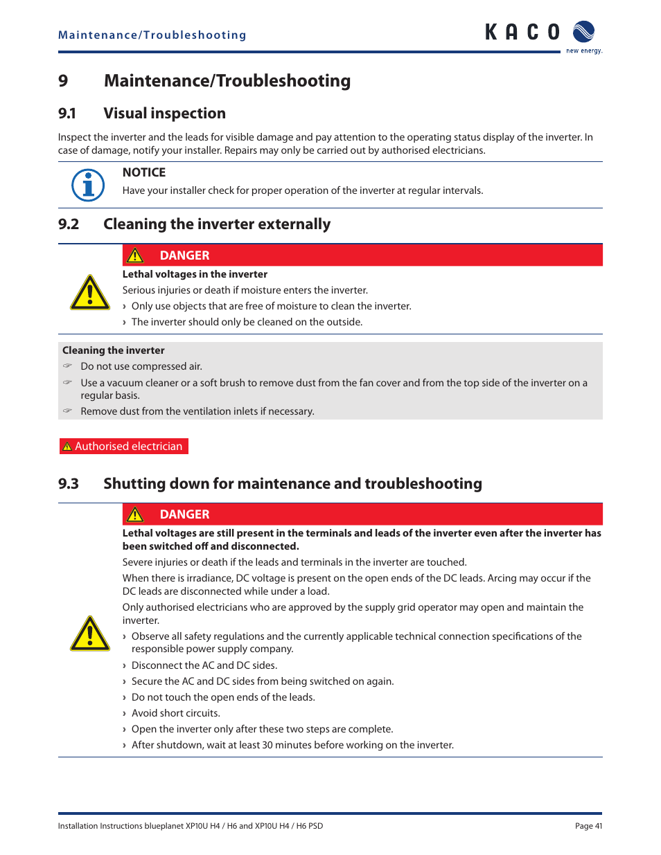 9 maintenance/troubleshooting, 1 visual inspection, 2 cleaning the inverter externally | KACO XP10U-H4 User Manual | Page 41 / 56