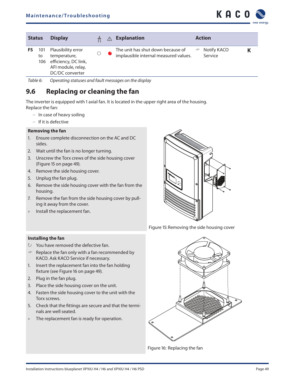 6 replacing or cleaning the fan | KACO XP10U-H4 User Manual | Page 49 / 56