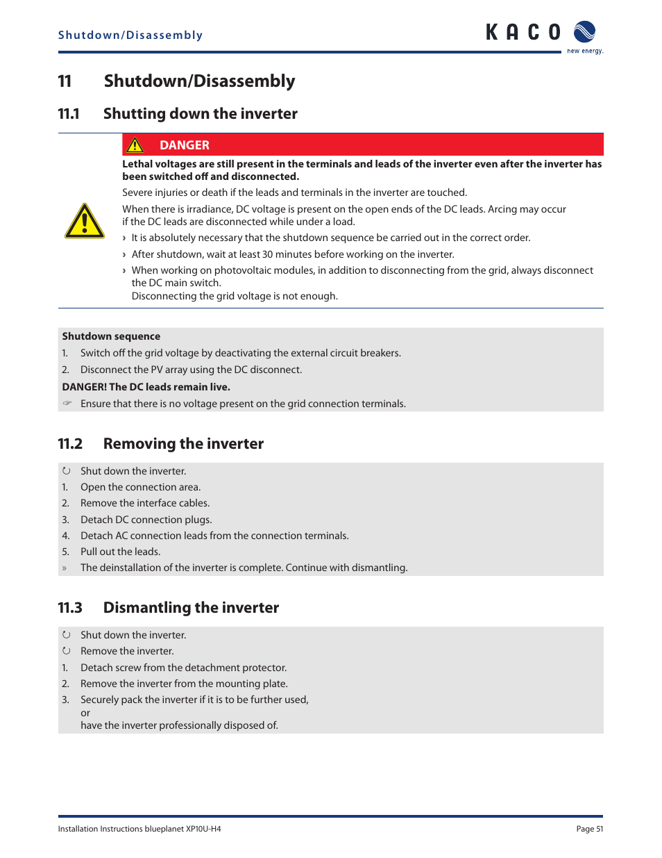 11 shutdown/disassembly, 1 shutting down the inverter, 2 removing the inverter | 3 dismantling the inverter | KACO XP10U-H4 User Manual | Page 51 / 56