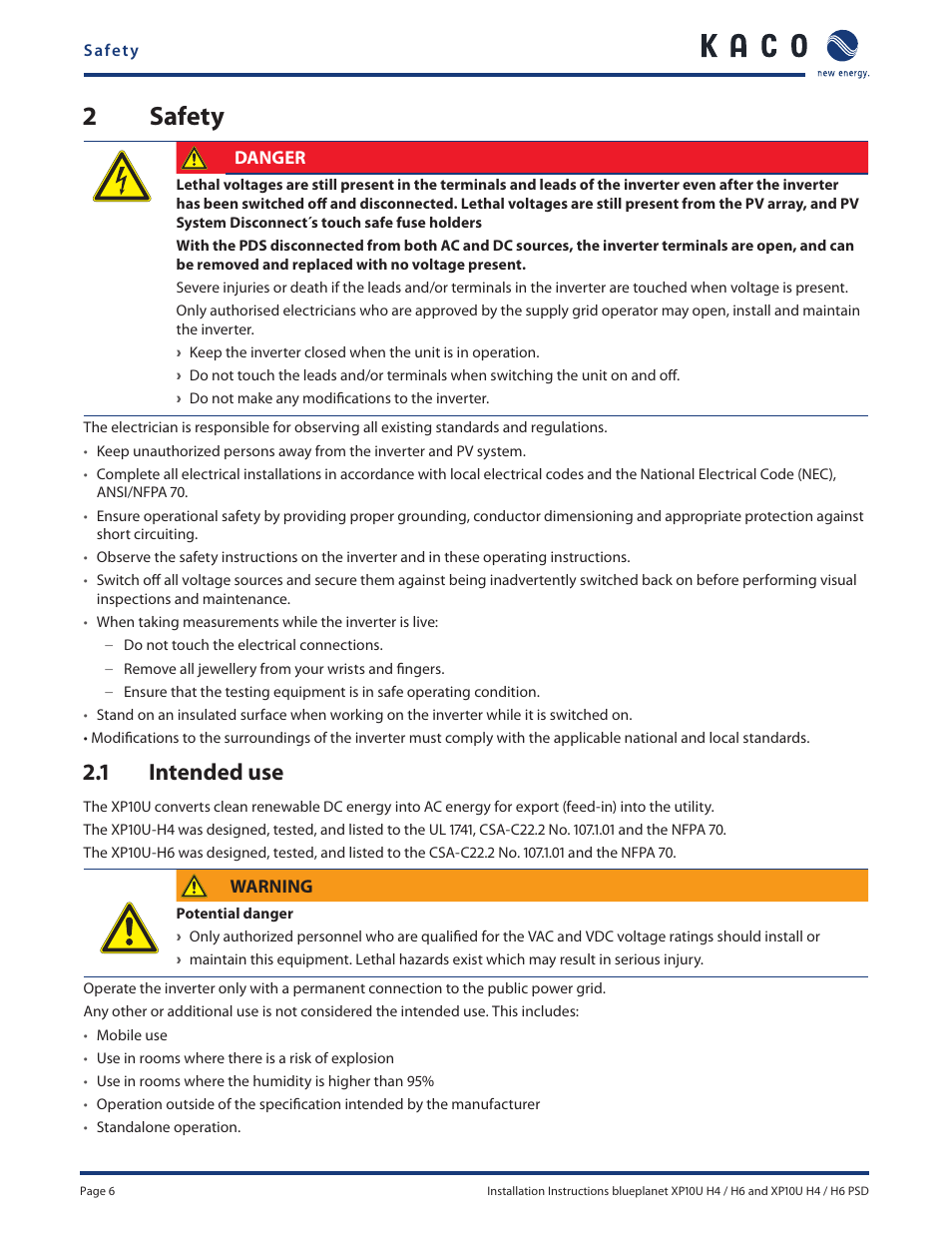 2 safety, 1 intended use | KACO XP10U-H4 User Manual | Page 6 / 56