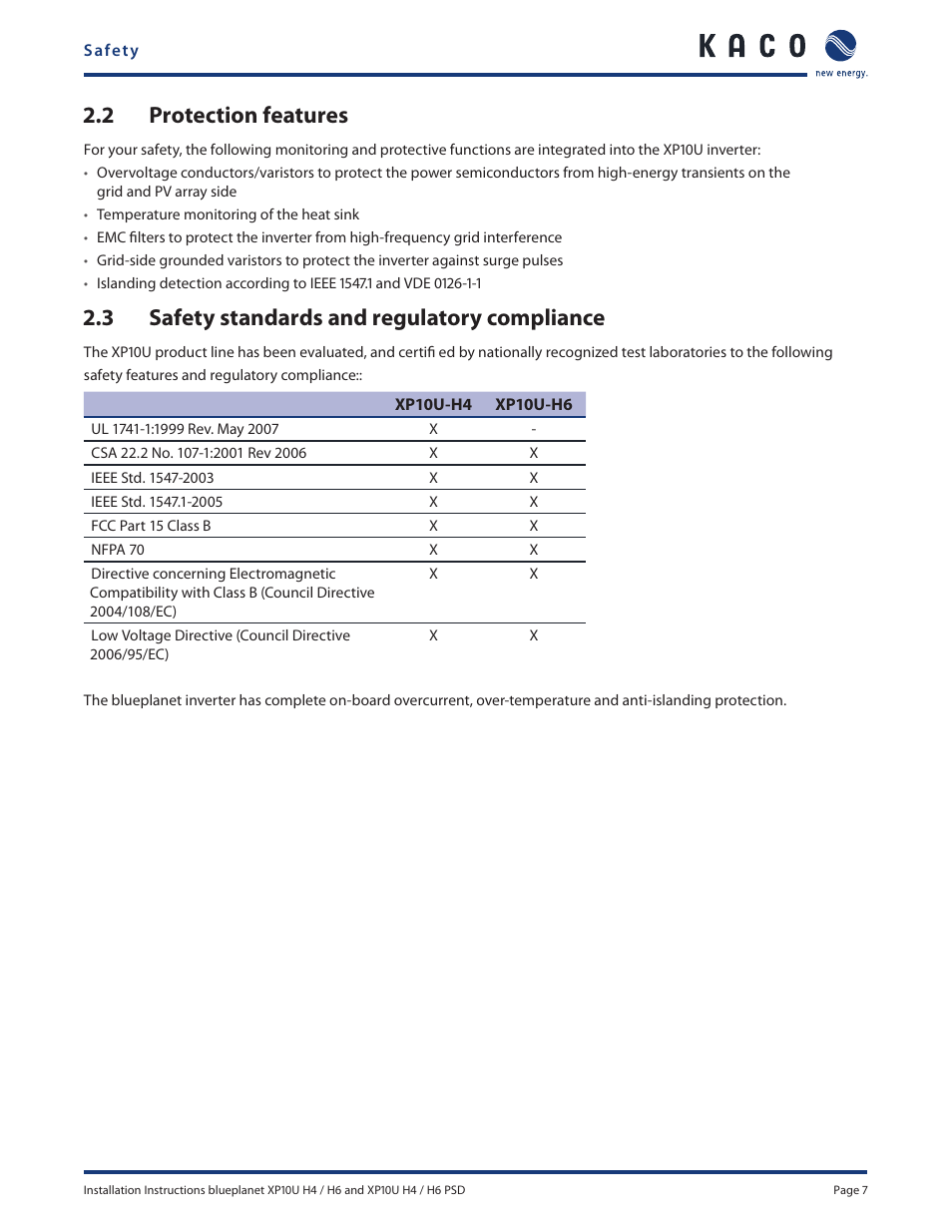 2 protection features, 3 safety standards and regulatory compliance | KACO XP10U-H4 User Manual | Page 7 / 56