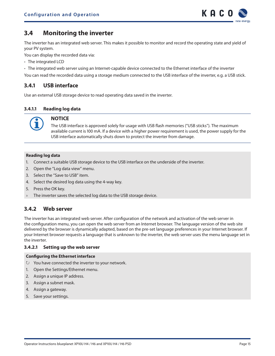 4 monitoring the inverter, 1 usb interface, 2 web server | KACO XP10U-H4 User Manual | Page 15 / 20