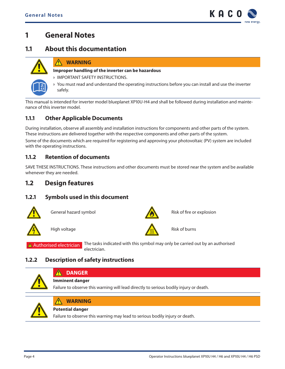 1 about this documentation, 2 design features | KACO XP10U-H4 User Manual | Page 4 / 20