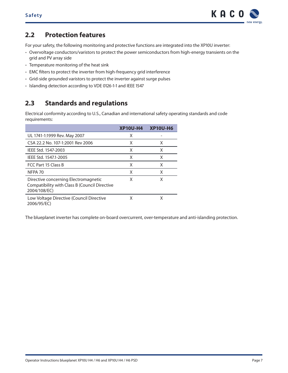 2 protection features, 3 standards and regulations | KACO XP10U-H4 User Manual | Page 7 / 20