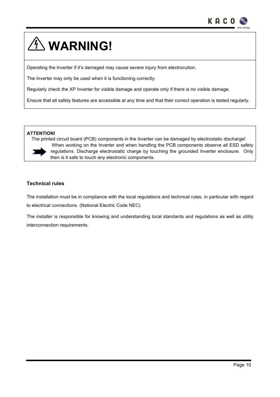 Warning | KACO XP83U-H6 (Canada) User Manual | Page 10 / 78