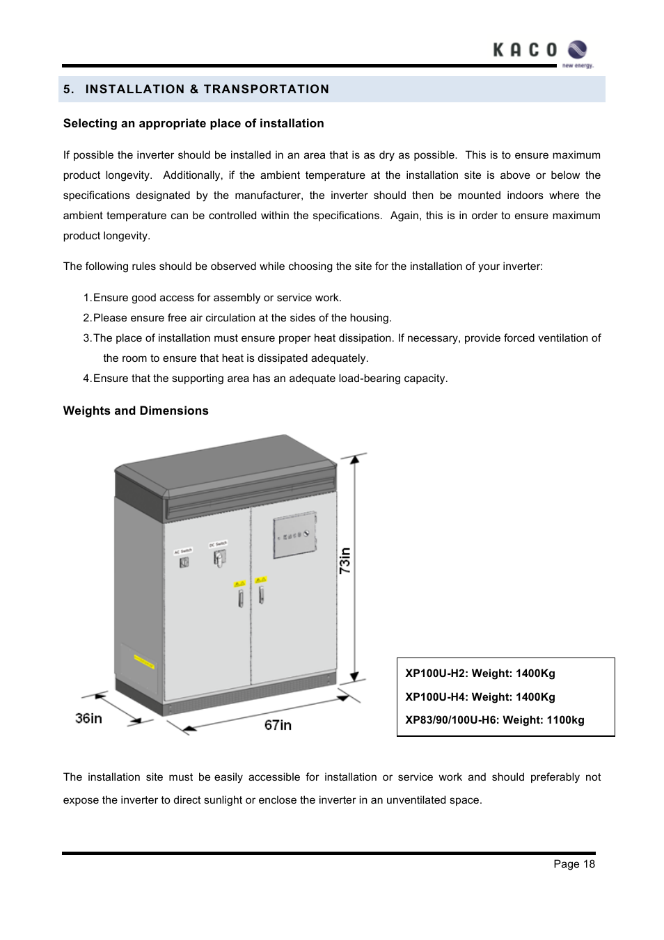 Installation & transportation | KACO XP83U-H6 (Canada) User Manual | Page 18 / 78