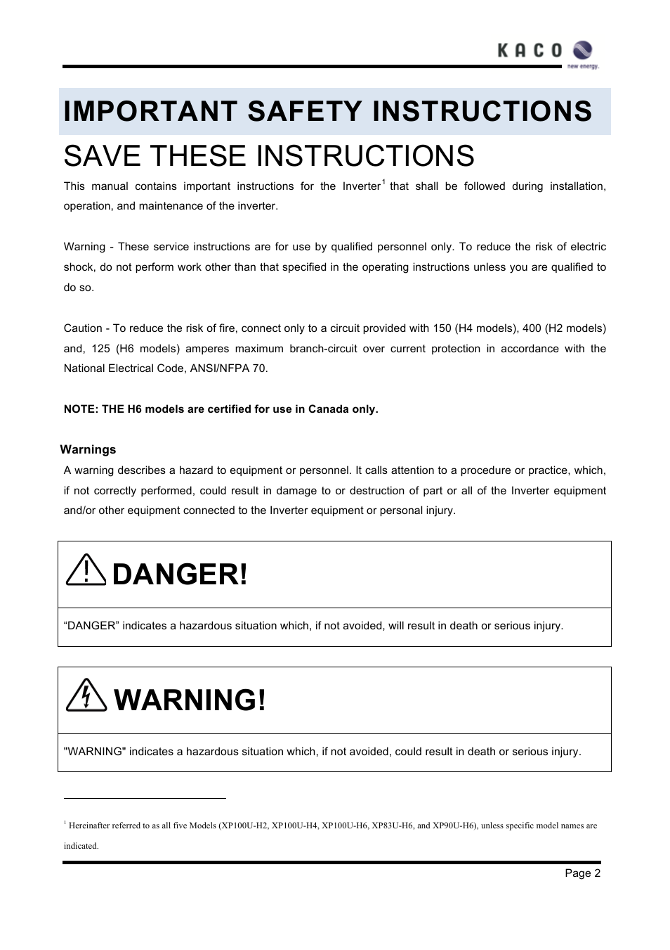 Save these instructions, Danger, Warning | Important safety instructions | KACO XP83U-H6 (Canada) User Manual | Page 2 / 78