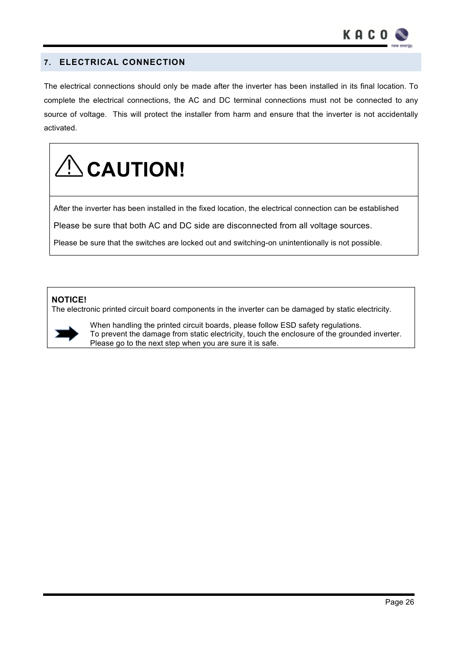 Electrical connection, Caution | KACO XP83U-H6 (Canada) User Manual | Page 26 / 78