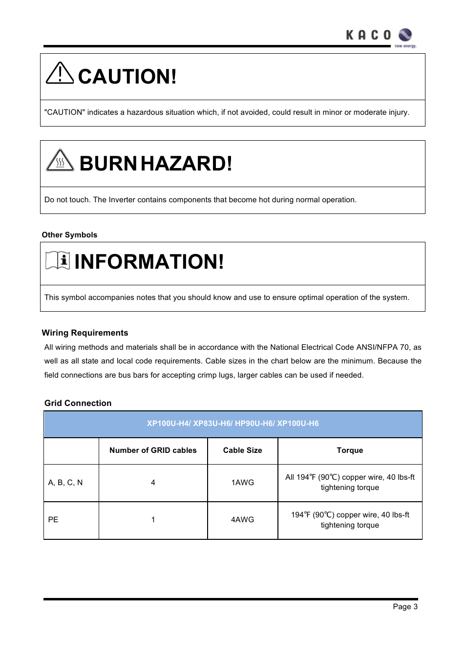Caution, Burn, Hazard | Information | KACO XP83U-H6 (Canada) User Manual | Page 3 / 78