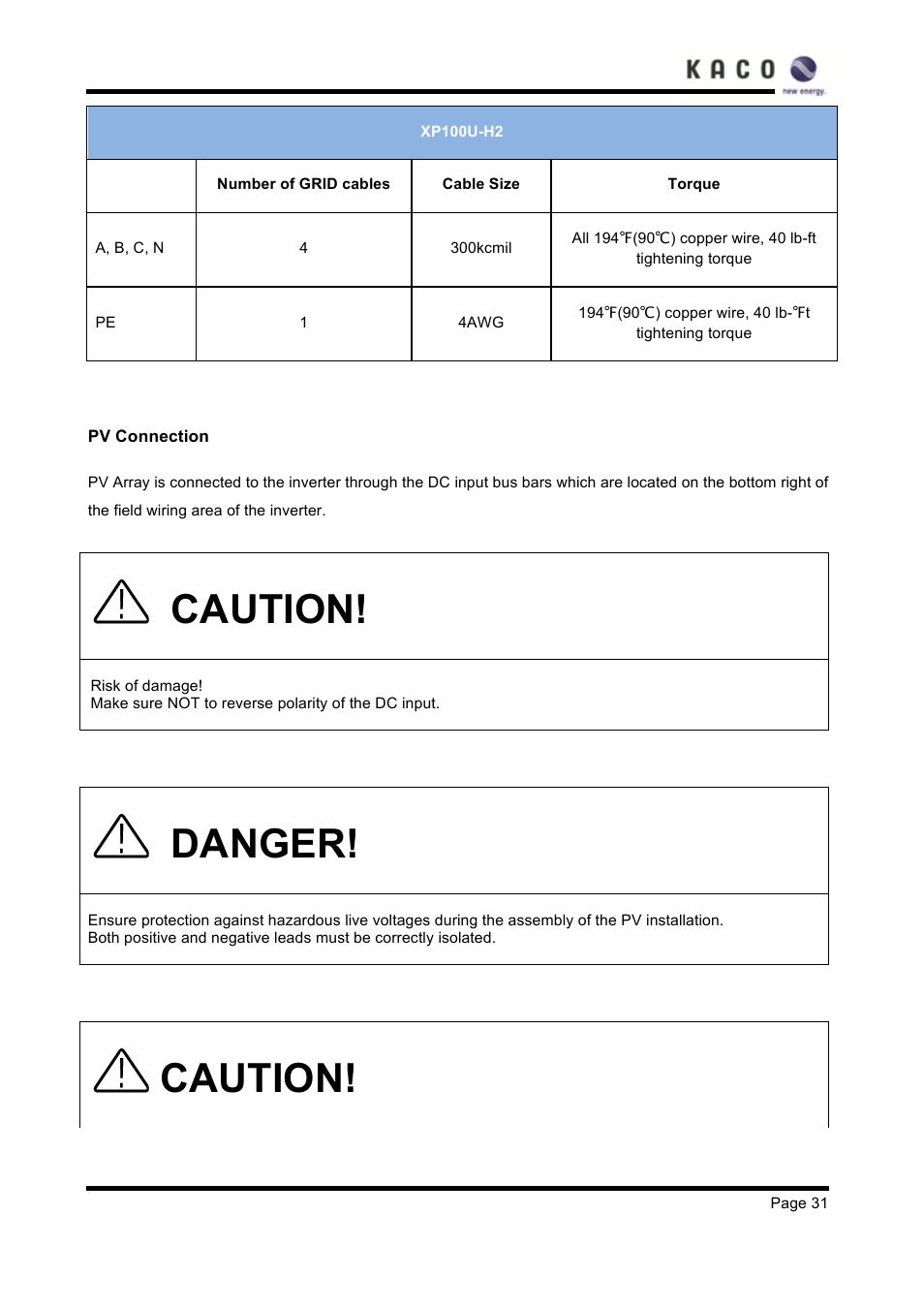 Caution, Danger | KACO XP83U-H6 (Canada) User Manual | Page 31 / 78