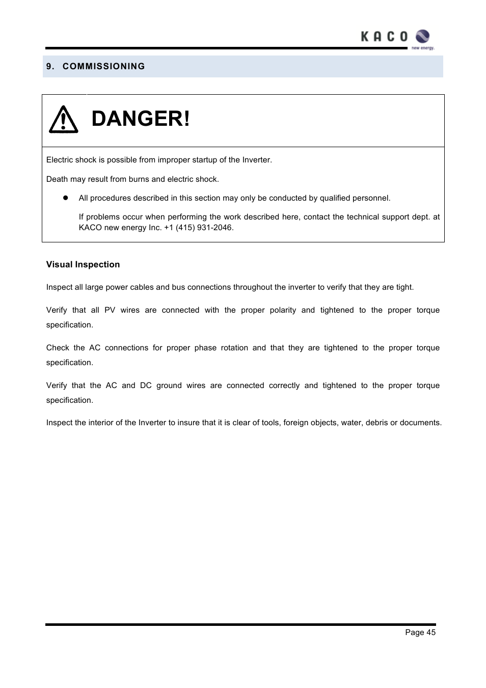 Commissioning, Danger | KACO XP83U-H6 (Canada) User Manual | Page 45 / 78