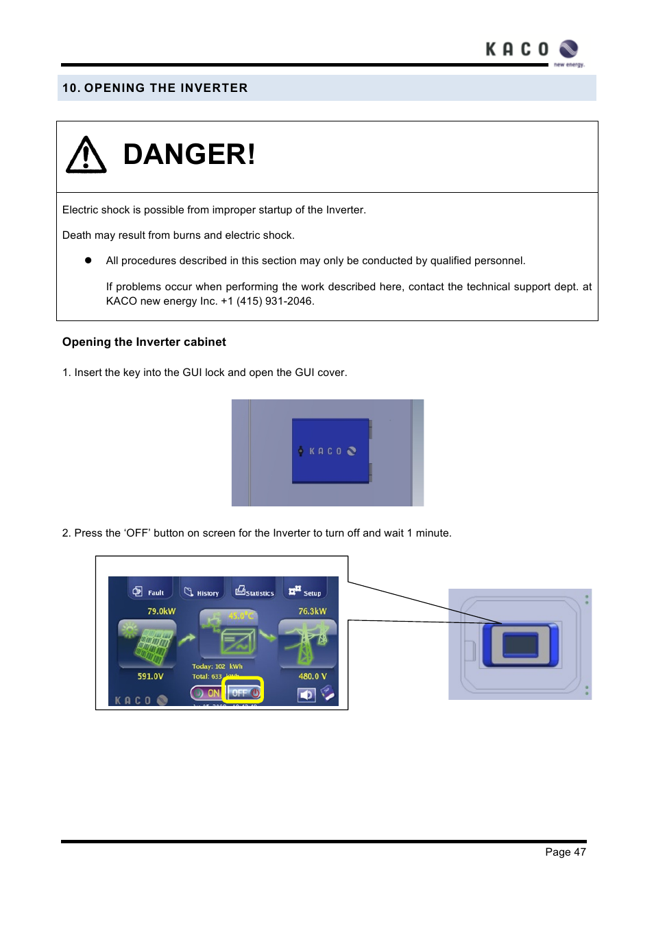 Opening the inverter, Danger | KACO XP83U-H6 (Canada) User Manual | Page 47 / 78