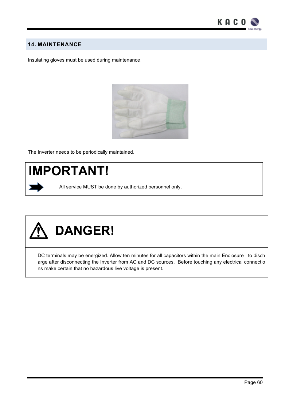 Maintenance, Important, Danger | KACO XP83U-H6 (Canada) User Manual | Page 60 / 78