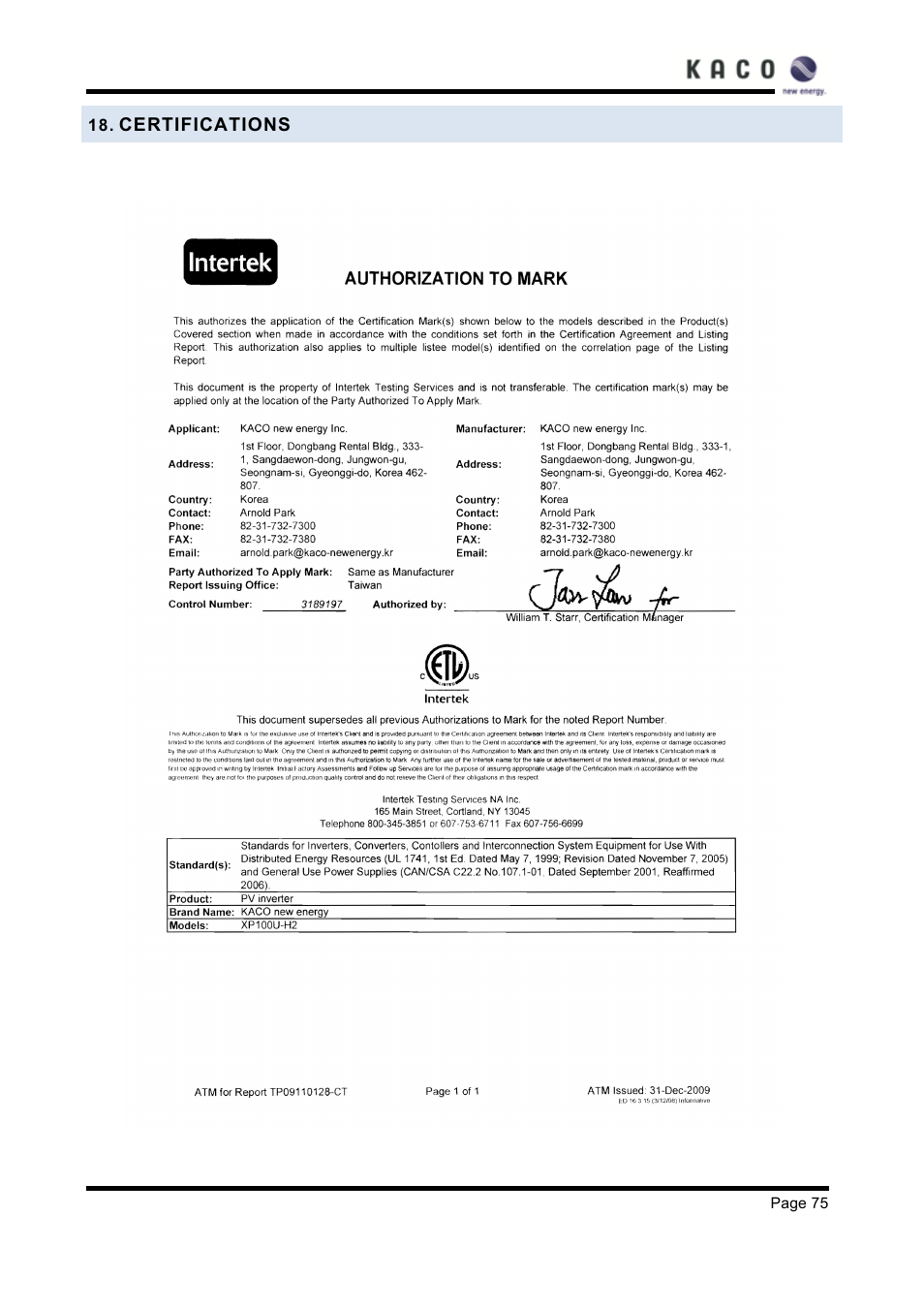 Certifications | KACO XP83U-H6 (Canada) User Manual | Page 75 / 78