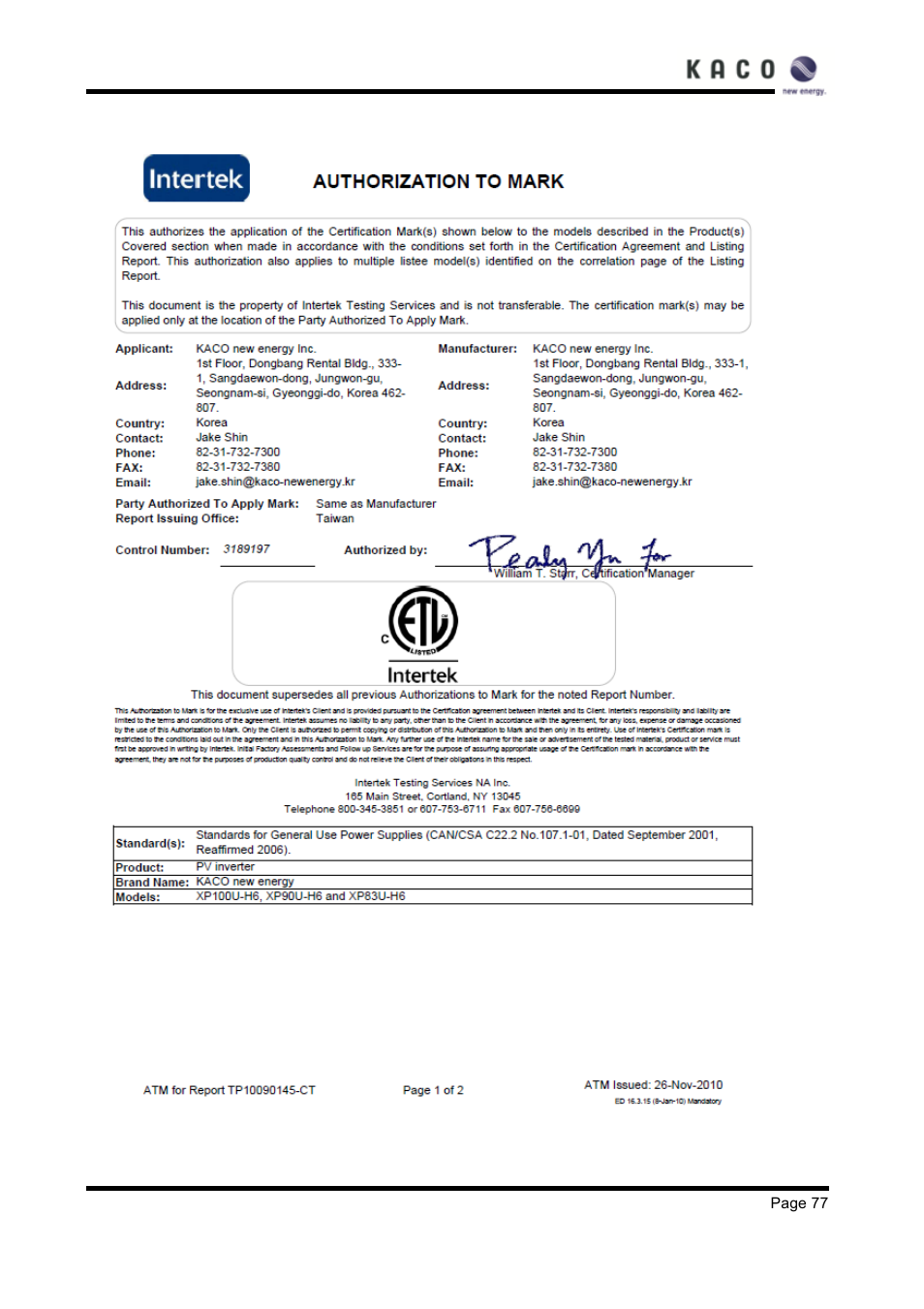 KACO XP83U-H6 (Canada) User Manual | Page 77 / 78