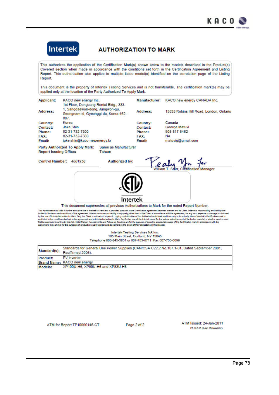KACO XP83U-H6 (Canada) User Manual | Page 78 / 78