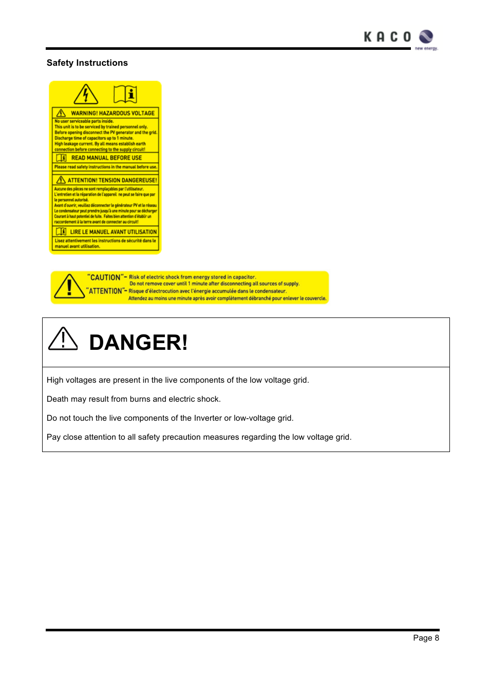 Danger | KACO XP83U-H6 (Canada) User Manual | Page 8 / 78