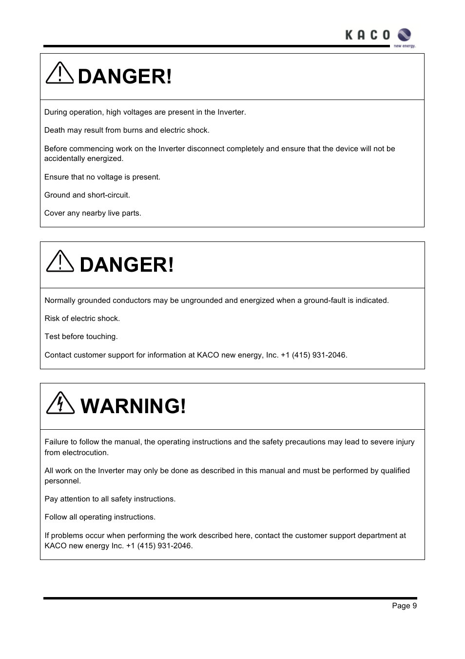 Danger, Warning | KACO XP83U-H6 (Canada) User Manual | Page 9 / 78