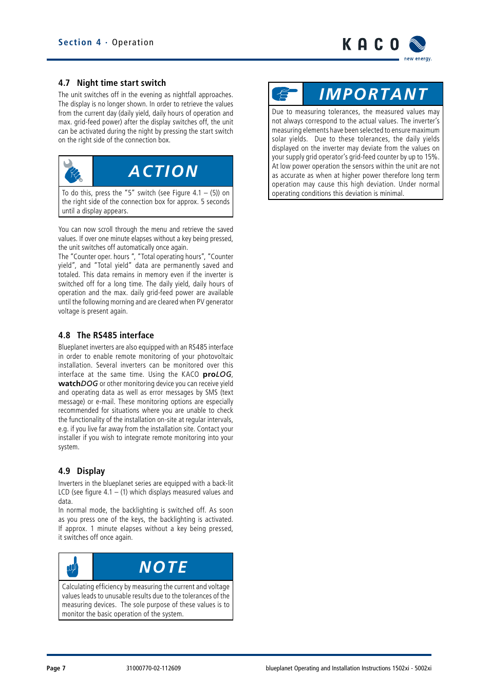 7 night time start switch, 8 the rs485 interface, 9 display | Action, Important | KACO blueplanet 1502xi User Manual | Page 10 / 56