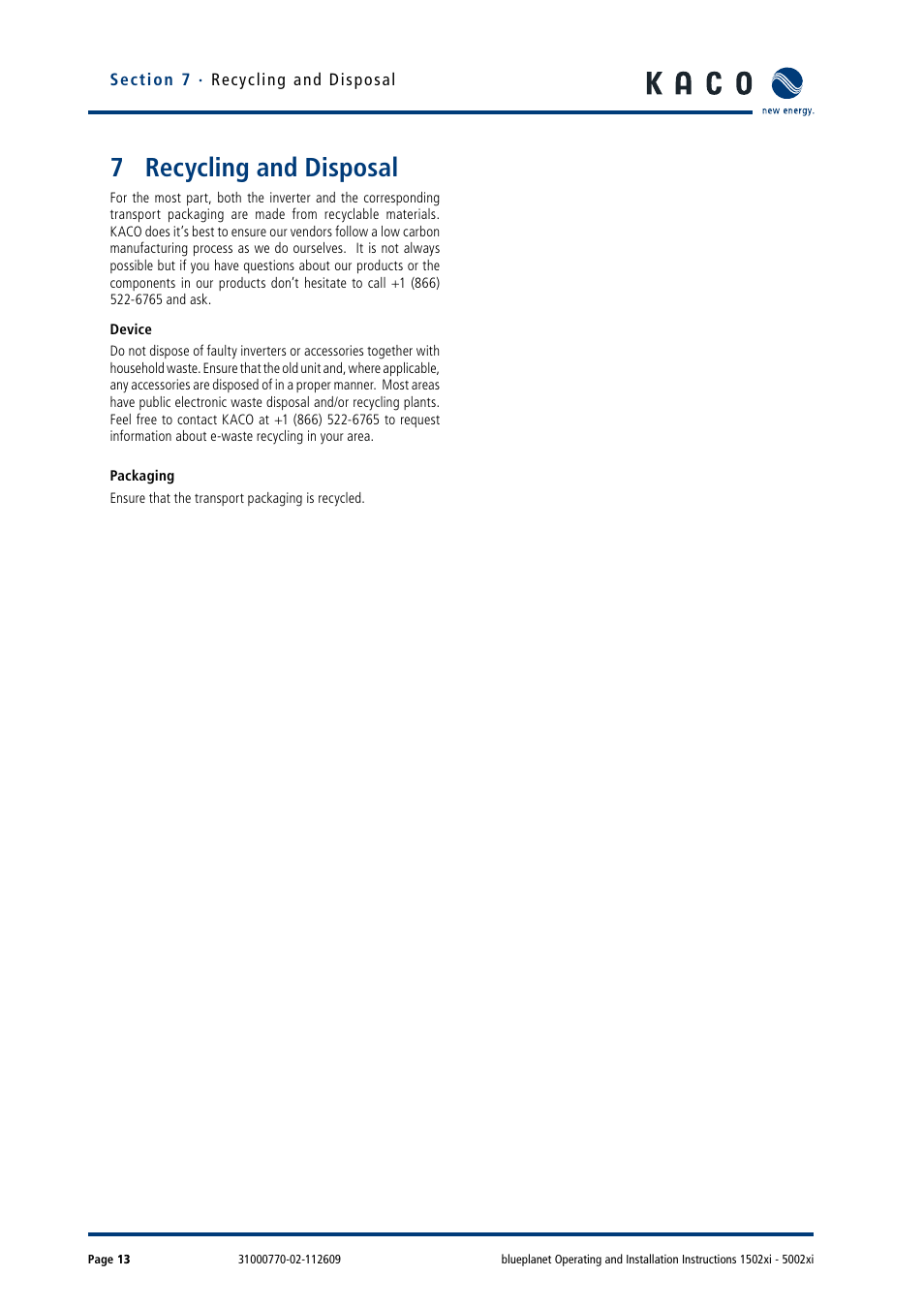 7 recycling and disposal, Recycling and disposal | KACO blueplanet 1502xi User Manual | Page 16 / 56