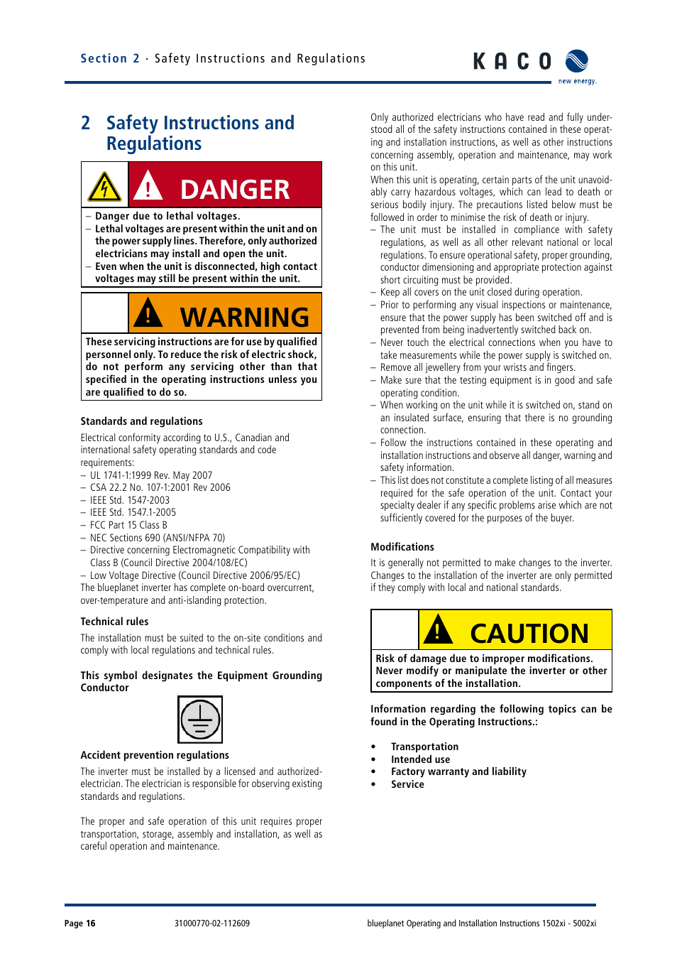 2 safety instructions and regulations, Safety instructions and regulations, Danger | Warning, Caution | KACO blueplanet 1502xi User Manual | Page 19 / 56