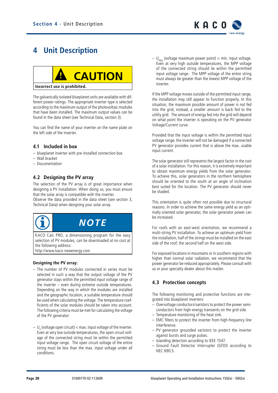 4 unit description, 1 included in box, 2 designing the pv array | 3 protection concepts, Unit description, Caution | KACO blueplanet 1502xi User Manual | Page 23 / 56