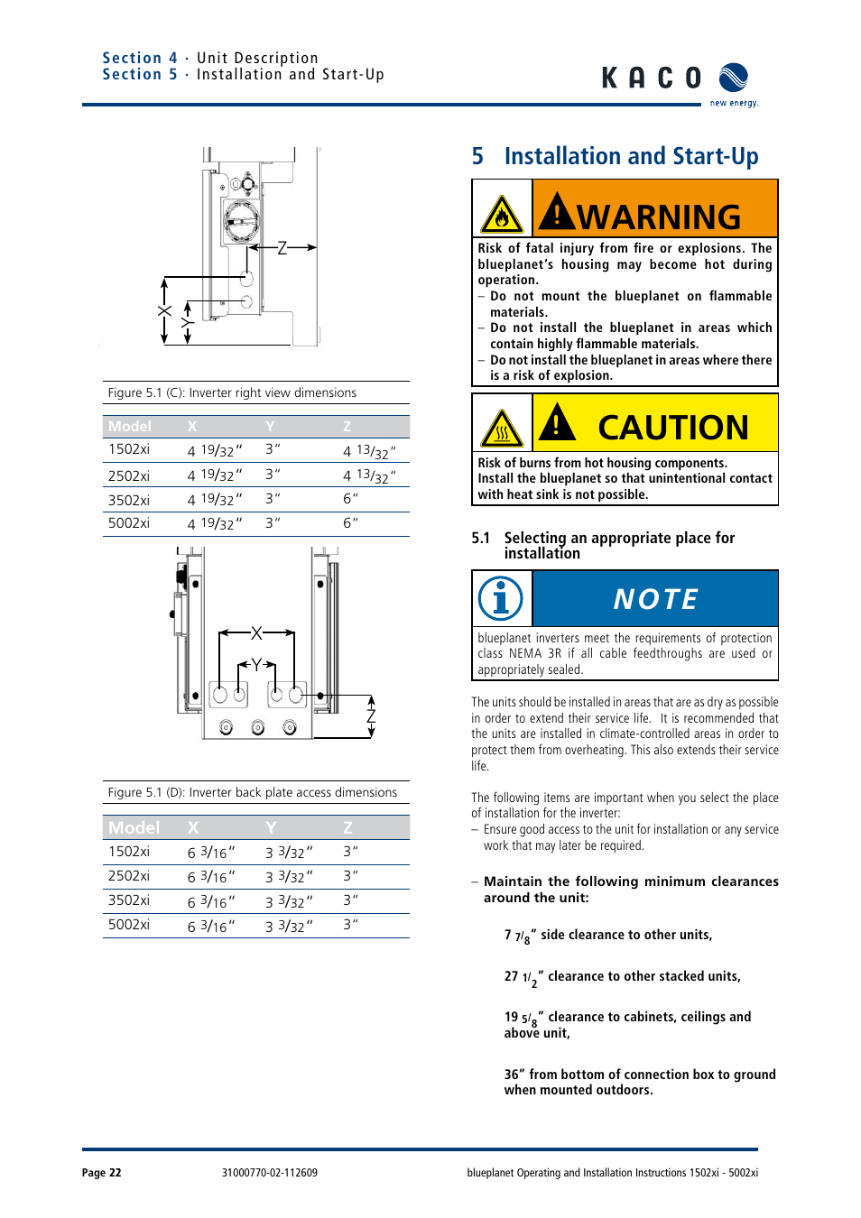 5 installation and start-up, 1 selecting an appropriate place for installation, Installation and start-up | Warning, Caution | KACO blueplanet 1502xi User Manual | Page 25 / 56