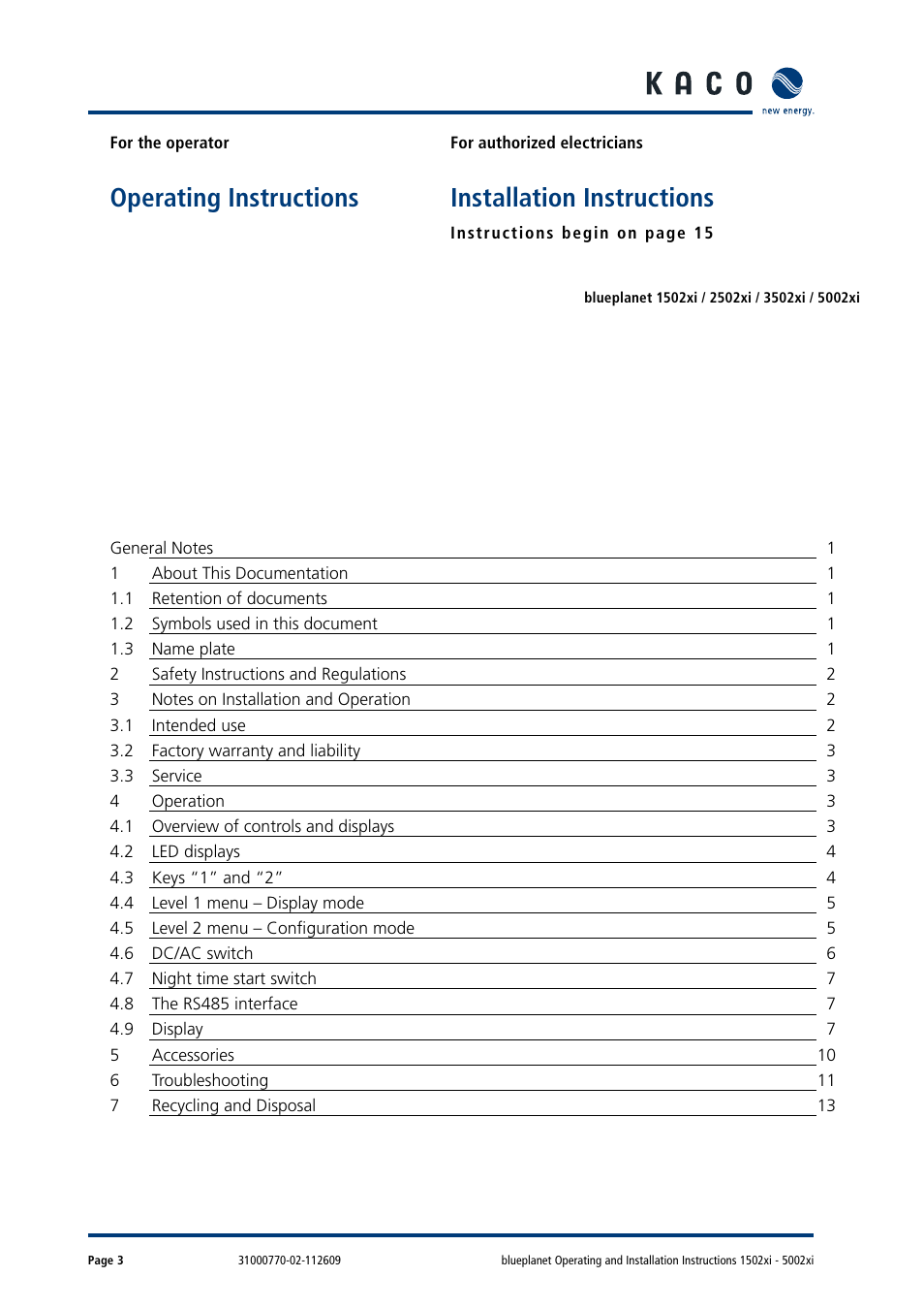 Operating instructions, Installation instructions | KACO blueplanet 1502xi User Manual | Page 3 / 56