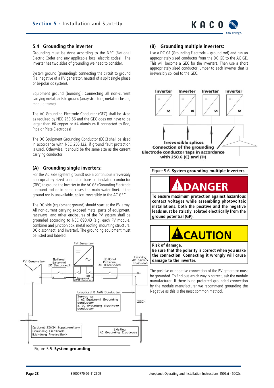 4 grounding the inverter, A) grounding single inverters, B) grounding multiple inverters | Danger, Caution | KACO blueplanet 1502xi User Manual | Page 31 / 56