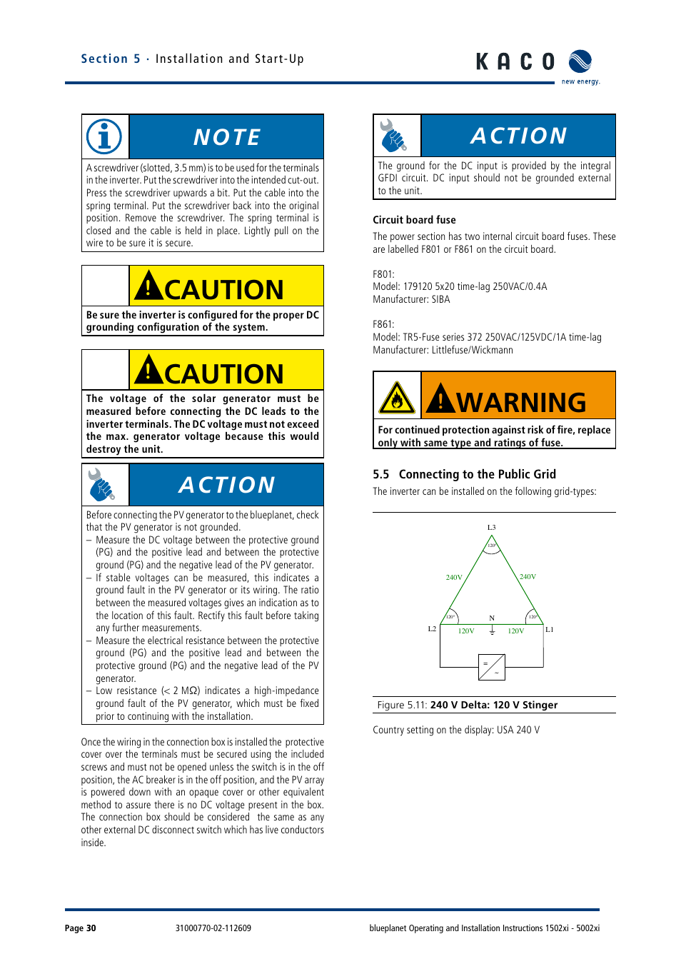 5 connecting to the public grid, Warning, Caution | Action | KACO blueplanet 1502xi User Manual | Page 33 / 56
