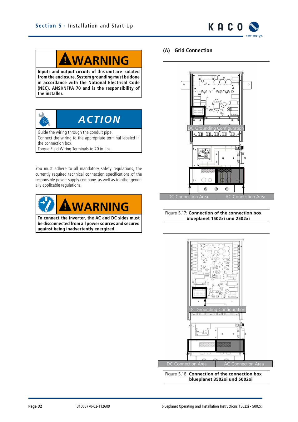 A) grid connection, Warning, Action | KACO blueplanet 1502xi User Manual | Page 35 / 56