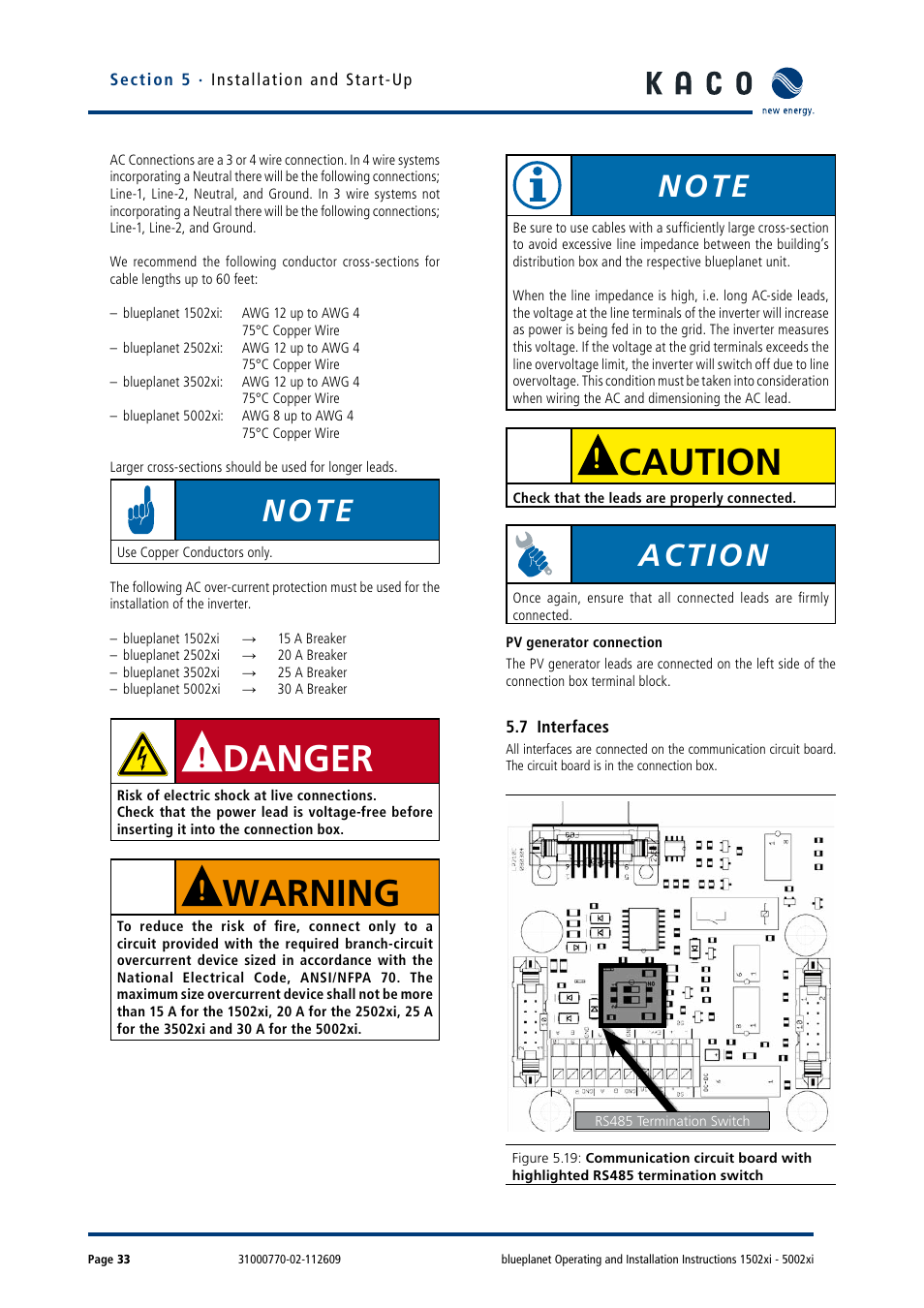 7 interfaces, Danger, Warning | Caution, Action | KACO blueplanet 1502xi User Manual | Page 36 / 56