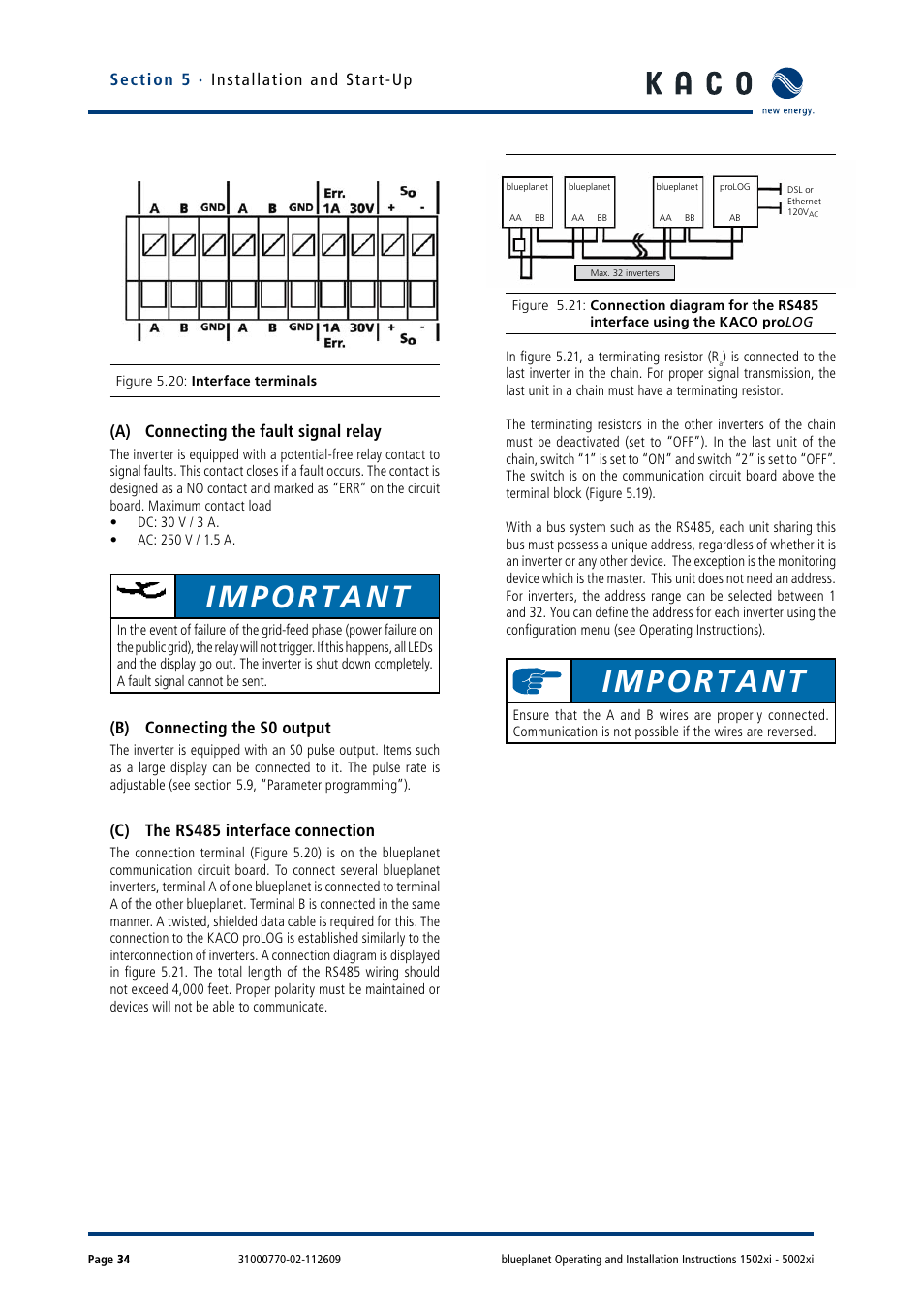 A) connecting the fault signal relay, B) connecting the s0 output, C) the rs485 interface connection | Important | KACO blueplanet 1502xi User Manual | Page 37 / 56
