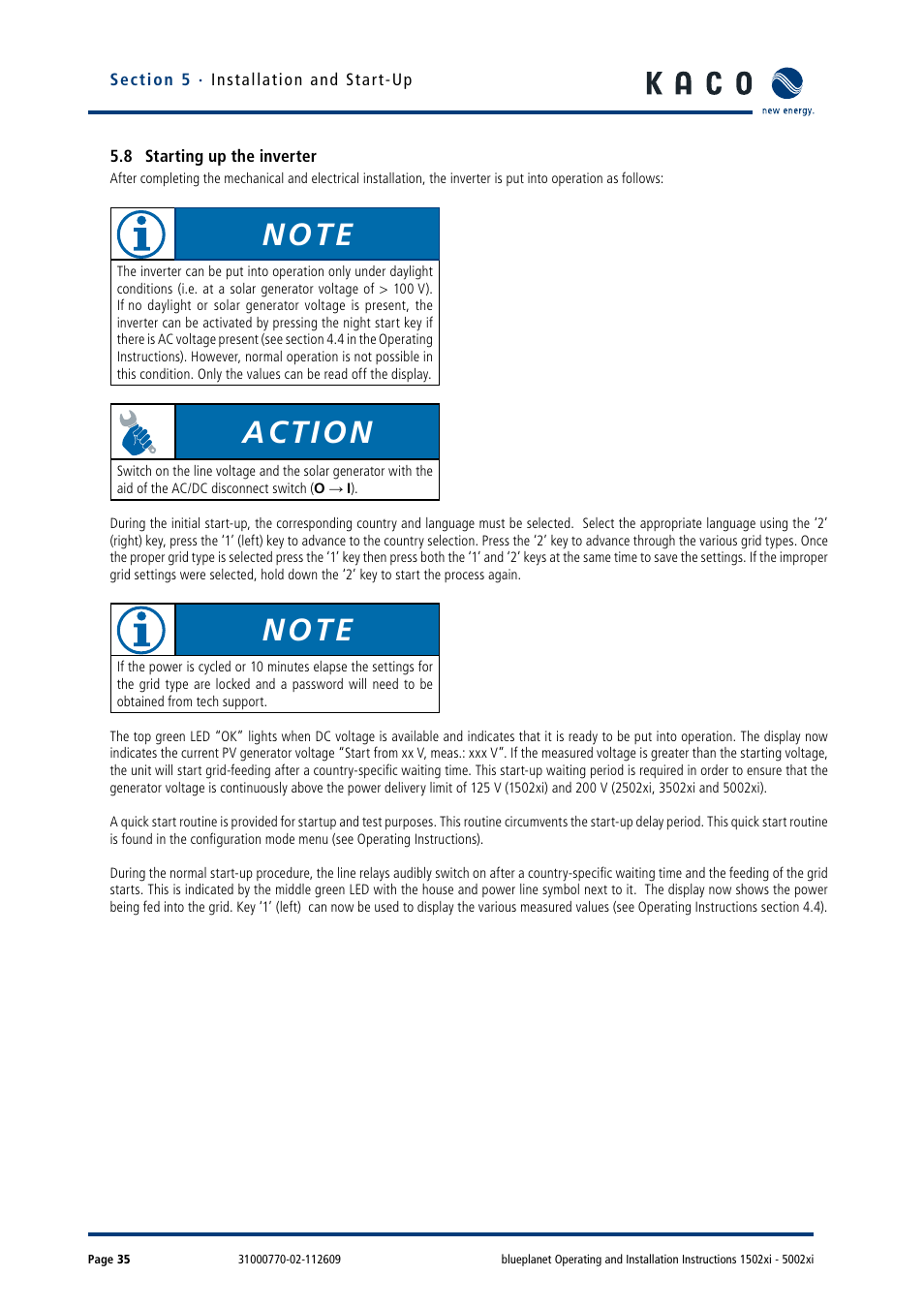 8 starting up the inverter, Action | KACO blueplanet 1502xi User Manual | Page 38 / 56