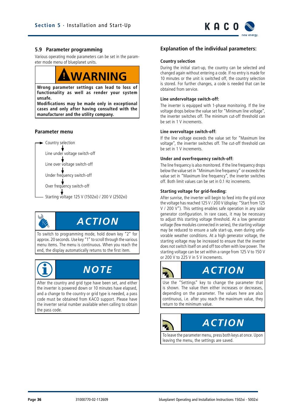 9 parameter programming, Warning, Action | KACO blueplanet 1502xi User Manual | Page 39 / 56