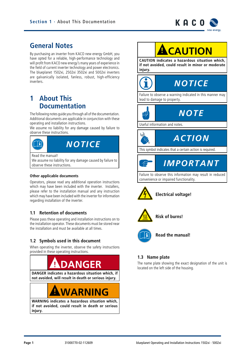 General notes, 1 about this documentation, 1 retention of documents | 2 symbols used in this document, 3 name plate, About this documentation, Danger, Warning, Caution, Notice | KACO blueplanet 1502xi User Manual | Page 4 / 56